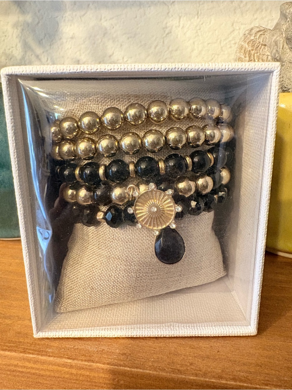 Nicole Miller Gold and Black Beaded Stack Bracelet Set with Charm